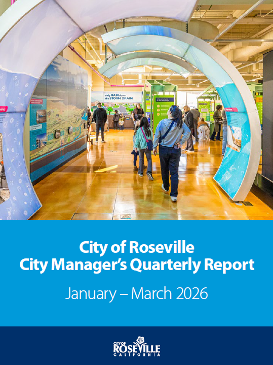 City Manager's Quarterly report cover with people walking through Utility Exploration Center